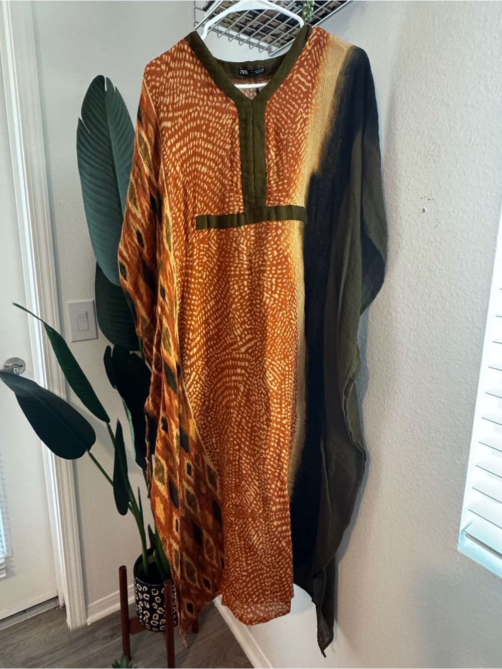 Zara Burnt Orange & Olive Patterned Maxi Caftan Dress